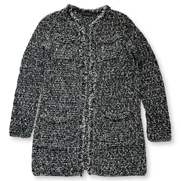 Ann Taylor Boucle Knit Cardigan Women Sz XS Black Open Fringe Heavy Oversized - Picture 1 of 10